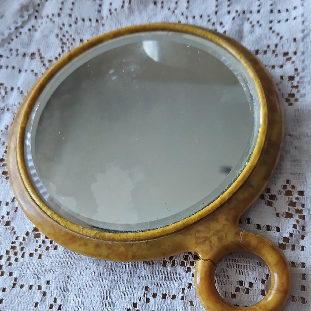 Vintage Celluloid Handheld Mirror with Handle
